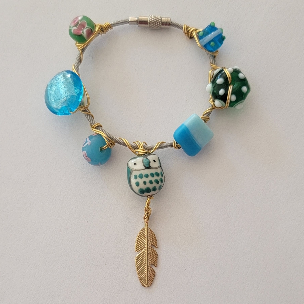 Blue Green Owl Golden Feather Bogg Bag Purse Charm